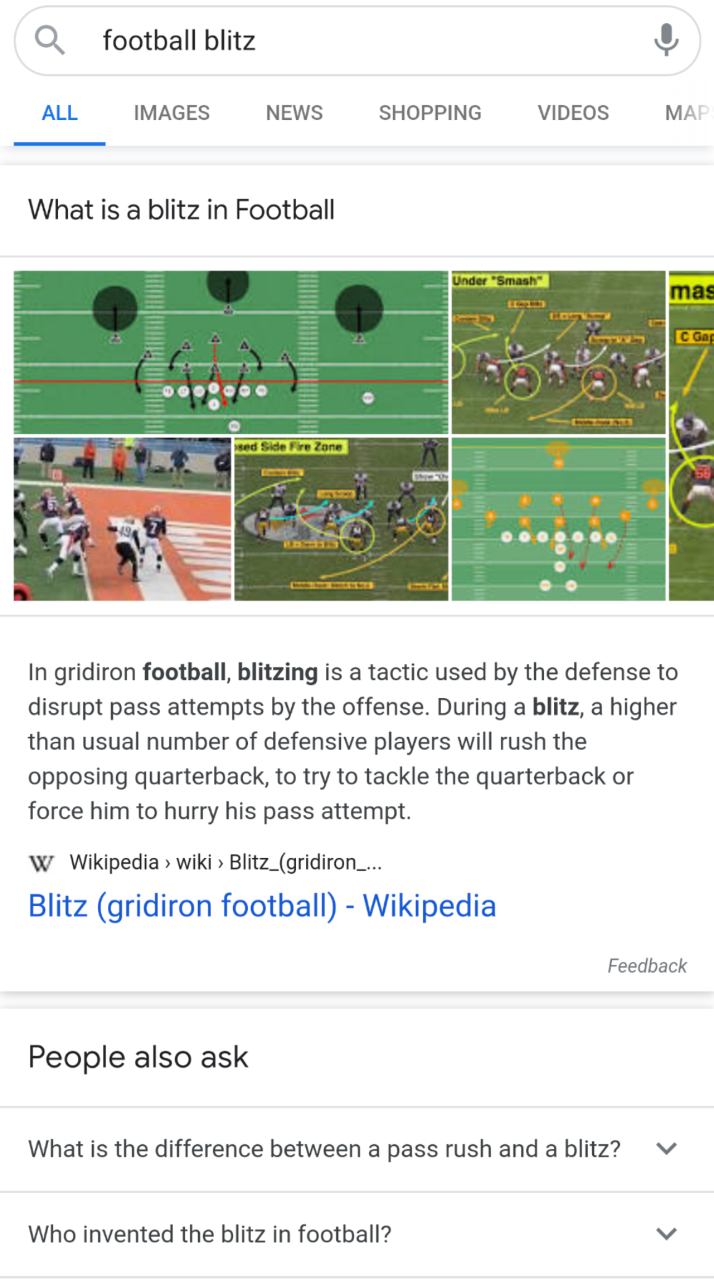 A Google Explore Panel for the query [football blitz]