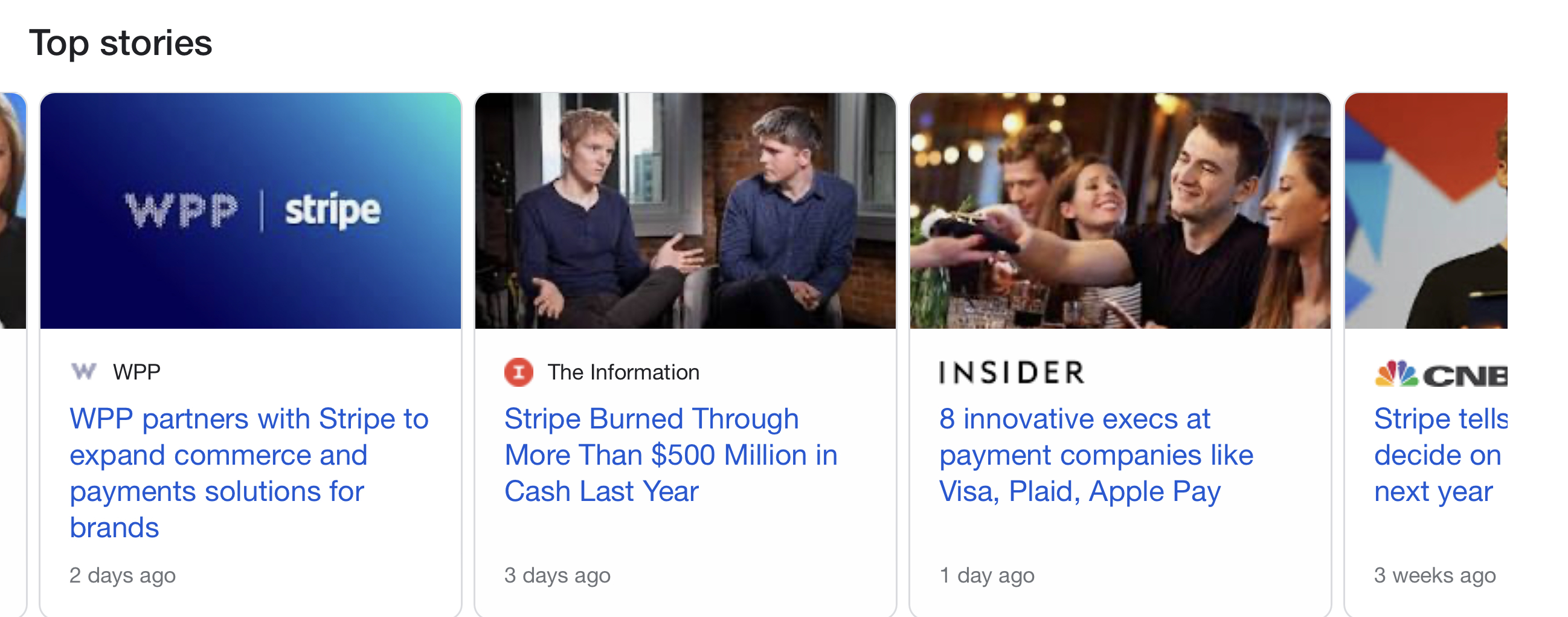 Screengrab of a Top Stories carousel that contains a tile from WPP announcing a partnership between payment company Stripe and WPP from February 2023.