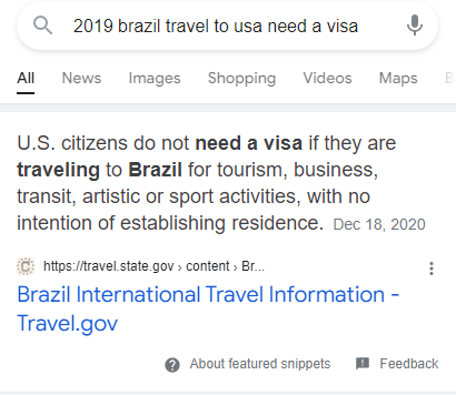 Screengrab of SERP for query '2019 brazil travel to usa need a visa'. The Featured Snippet states that U.S. citizens do not need a visa to travel to Brazil.