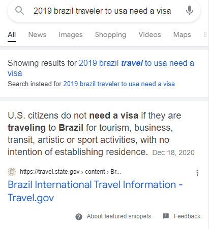 Screengrab of SERP for query '2019 brazil traveler to usa need a visa'. The Featured Snippet states that U.S. citizens do not need a visa to travel to Brazil.