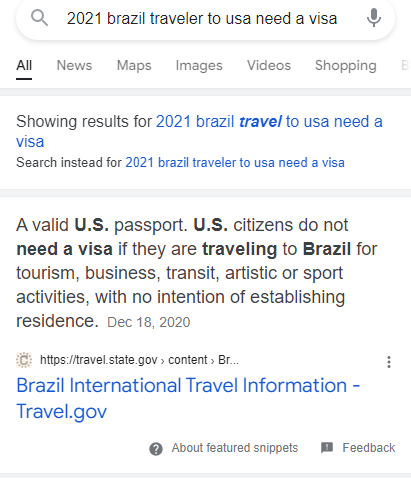 Screengrab of SERP for query '2021 brazil traveler to usa need a visa'. The Featured Snippet states that U.S. citizens do not need a visa to travel to Brazil.