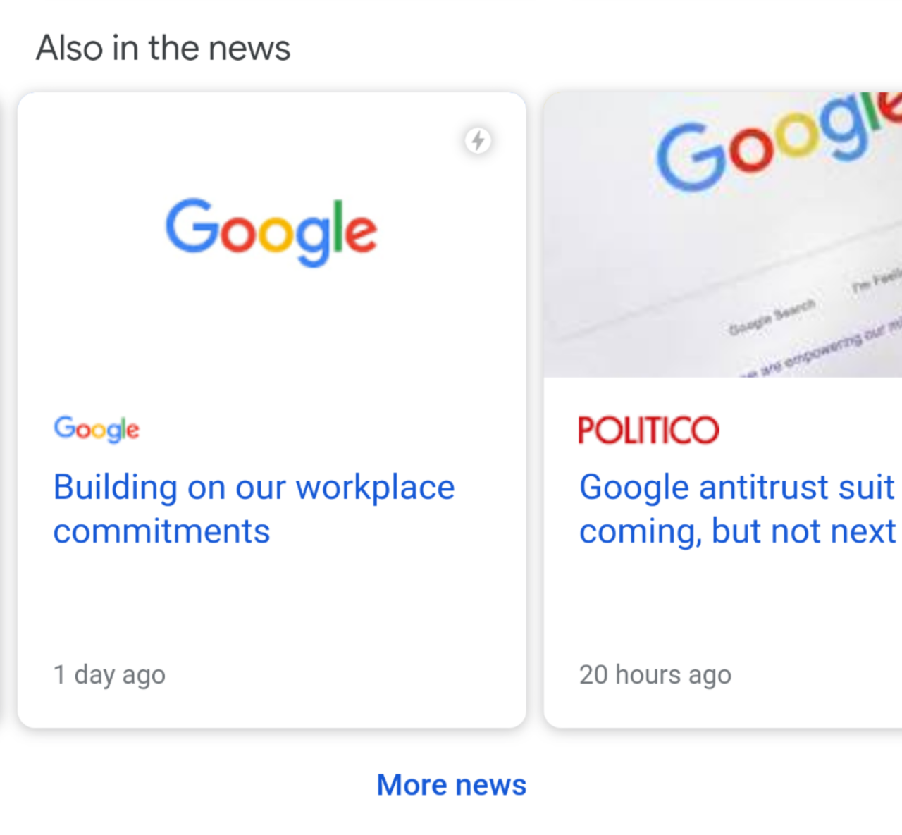Screengrab showing a Google tile in a Top Stories carousel.