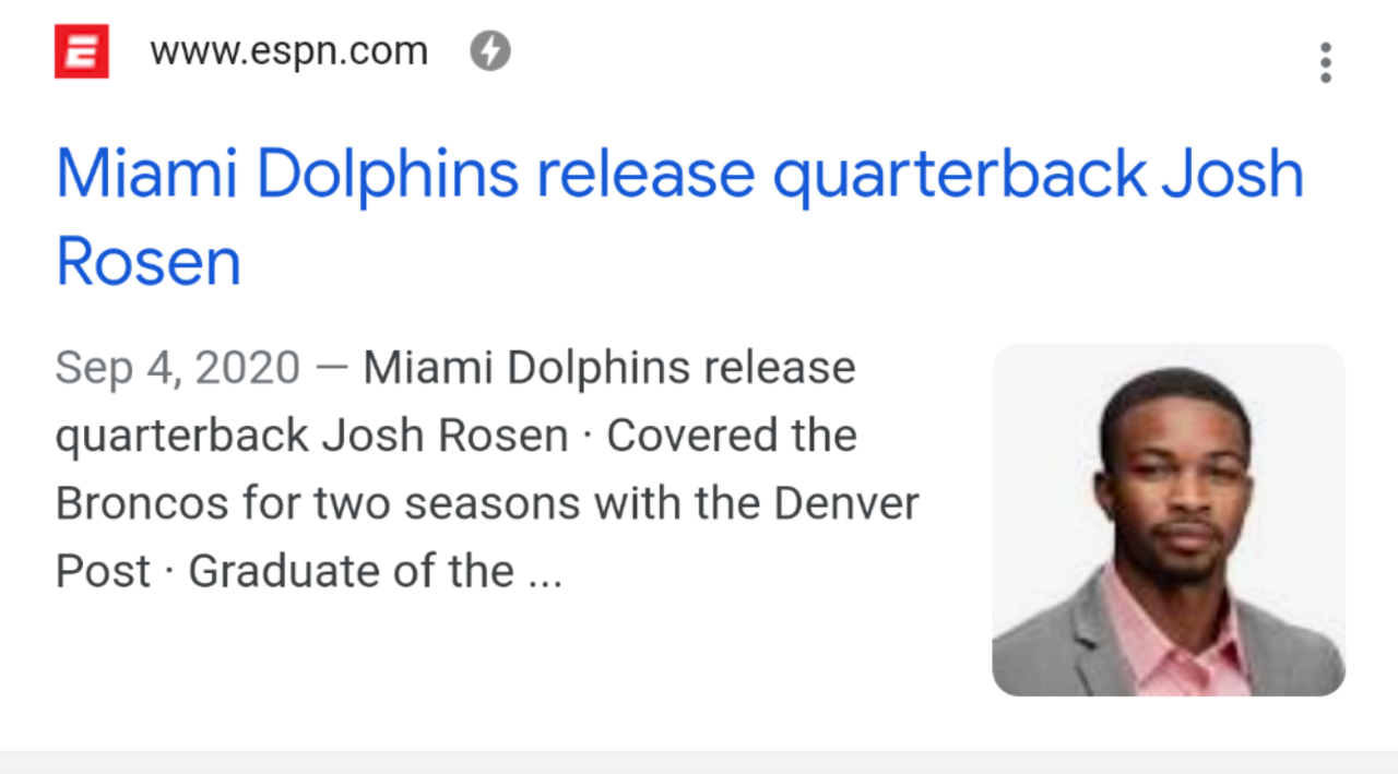 Screengrab of a rich snippet for an article about Josh Rosen, but the image is of the reporter who write the article.