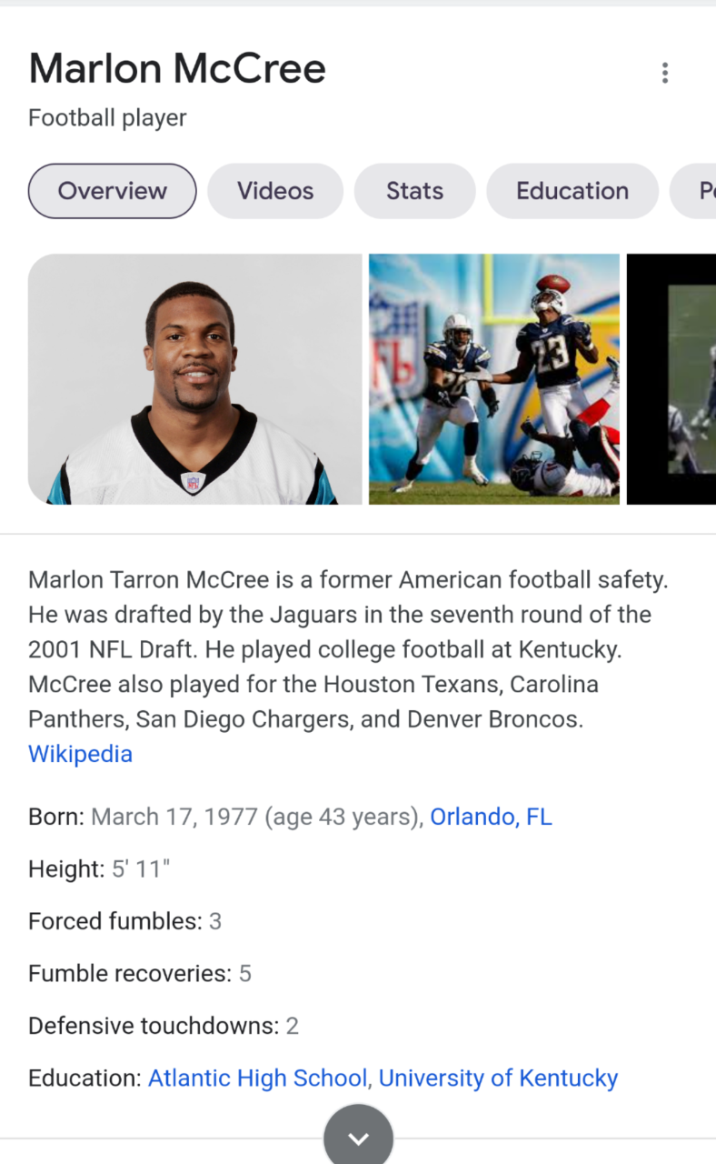 A Google Knowledge Panel for former San Diego Chargers safety Marlon McCree.