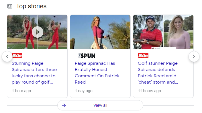 A desktop Top Stories carousel that contains three tiles, including one for an article on The Sun.