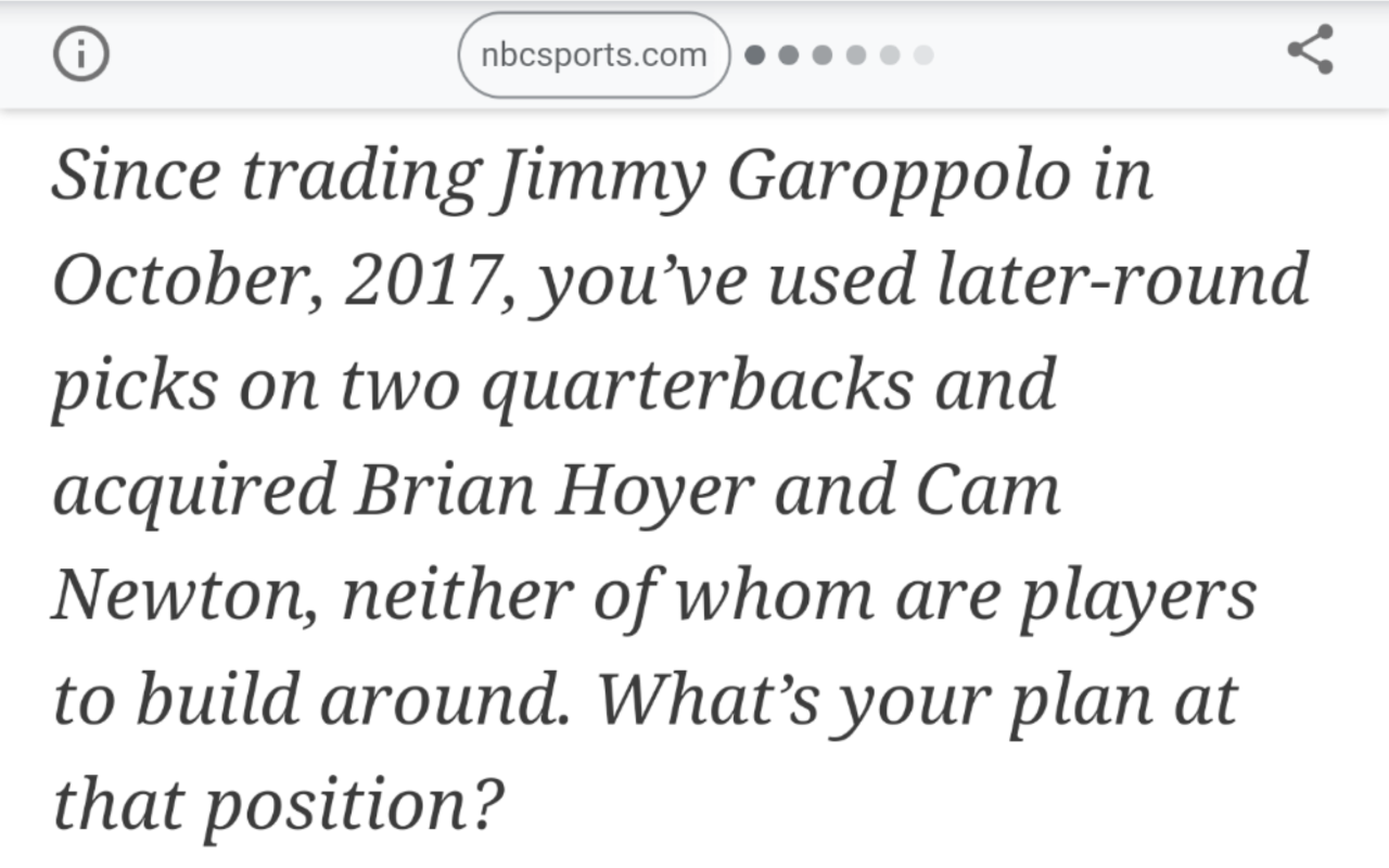 Screengrab of paragraph from article that contains the phrase 'Since trading Jimmy Garoppolo in October, 2017...'