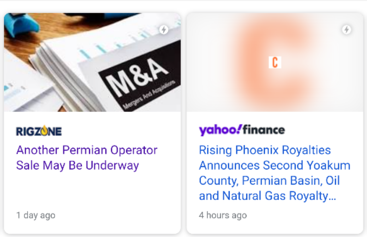 A screengrab of two tiles in a Top Stories carousel, one for a syndicated article and one for a press release.