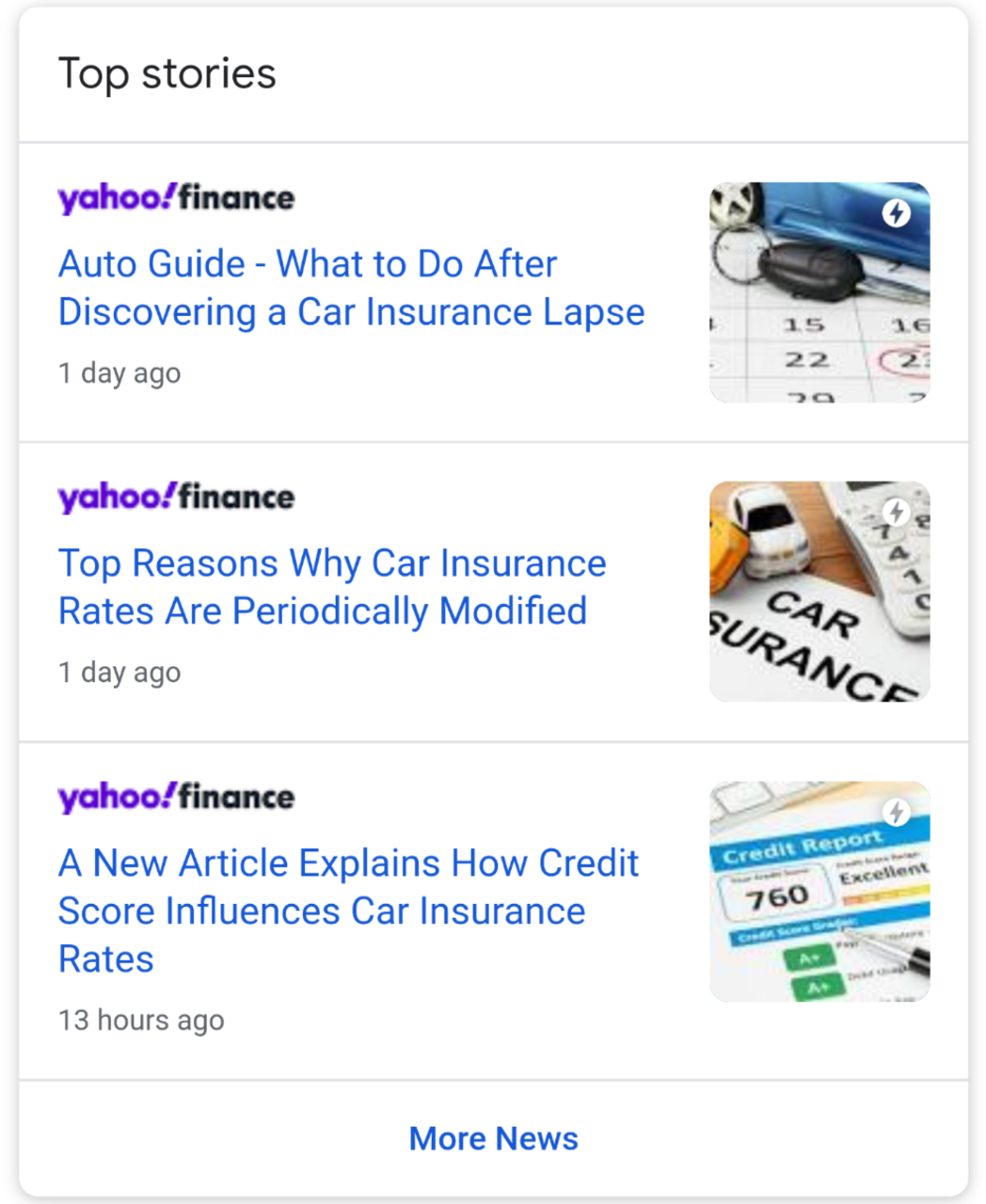 Screengrab showing three press releases published on Yahoo showing up in a Top Stories three pack.