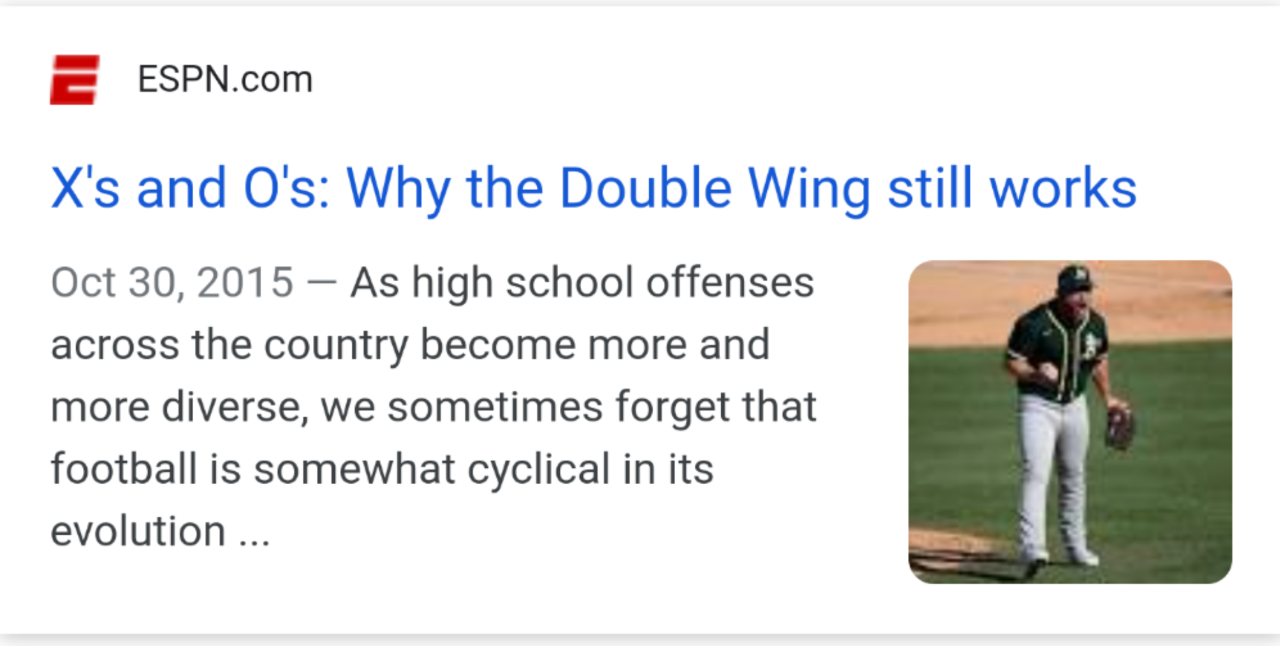 A rich snippet for the query double wing offense that includes a photo of a baseball player.