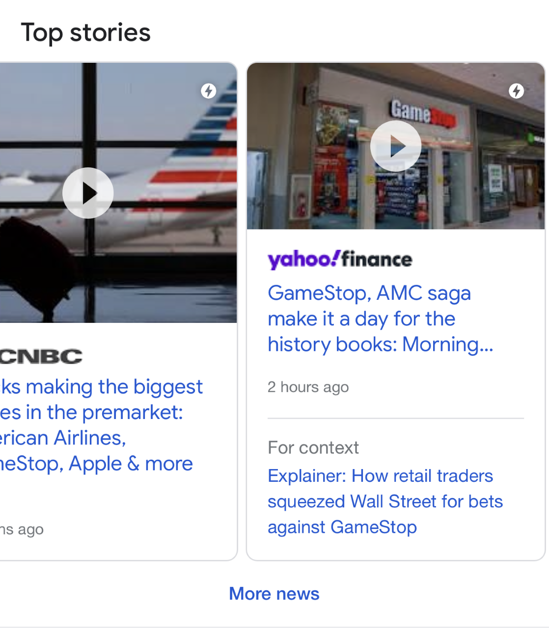 Screengrab of a tile in a Top Stories carousel that contains a For Context link.